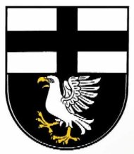 Von Silber über Schwarz geteilt, oben ein schwarzes Balkenkreuz, unten ein silberner, goldbewehrter Habicht, den rechten Fang erhoben.