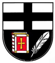 Von Silber über Schwarz geteilt, oben ein schwarzes Balkenkreuz, unten rechts ein silbern gefaßtes, rotes Buch mit goldenem Kreuz, links eine weiße Feder.