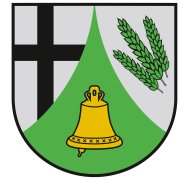 Silber gespalten durch eine eingeschweifte grüne Spitze, darin eine goldene Glocke, vorn schwarzes durchgehendes Kreuz, hinten drei grüne Ähren.