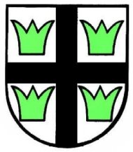 In Silber ein schwarzes Balkenkreuz, bewinkelt von vier grünen dreizackigen Kronen.